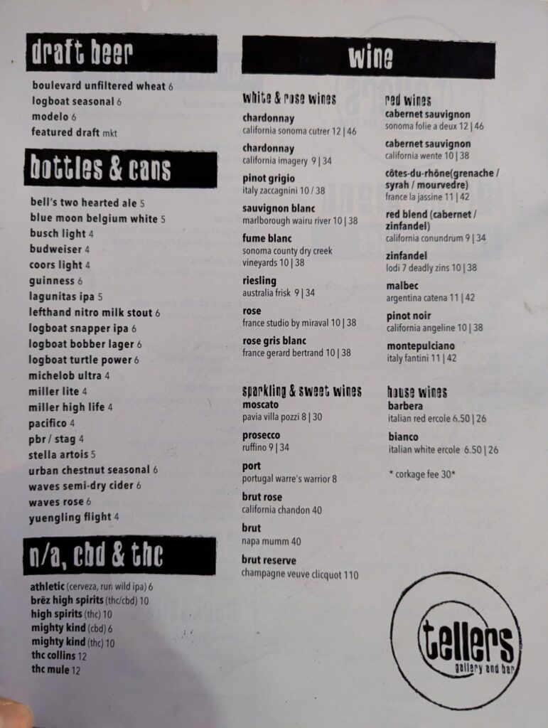 Tellers Gallery & Bar Menu 1