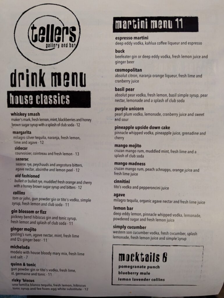 Tellers Gallery & Bar Menu 2